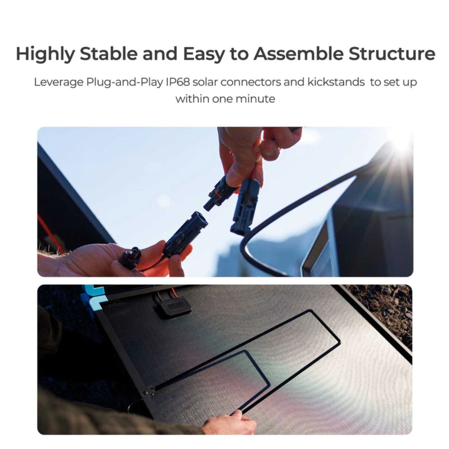 Renogy Solar Suitcase 400W Lightweight Portable Solar Panel setup process with text highlighting stability and ease of assembly.