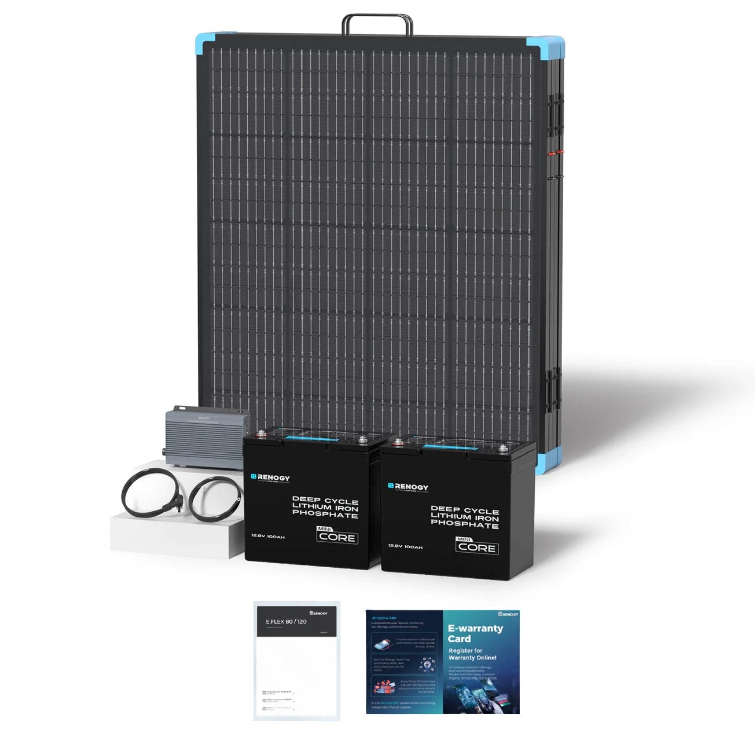 Renogy Solar Suitcase Kit 400W Lightweight Portable RV Kit, batteries, and related equipment on a white background