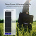 Renogy Solar Suitcase Kit 400W Lightweight Portable RV Kit with carrying case in a grassy field, featuring text about clean power and product dimensions.