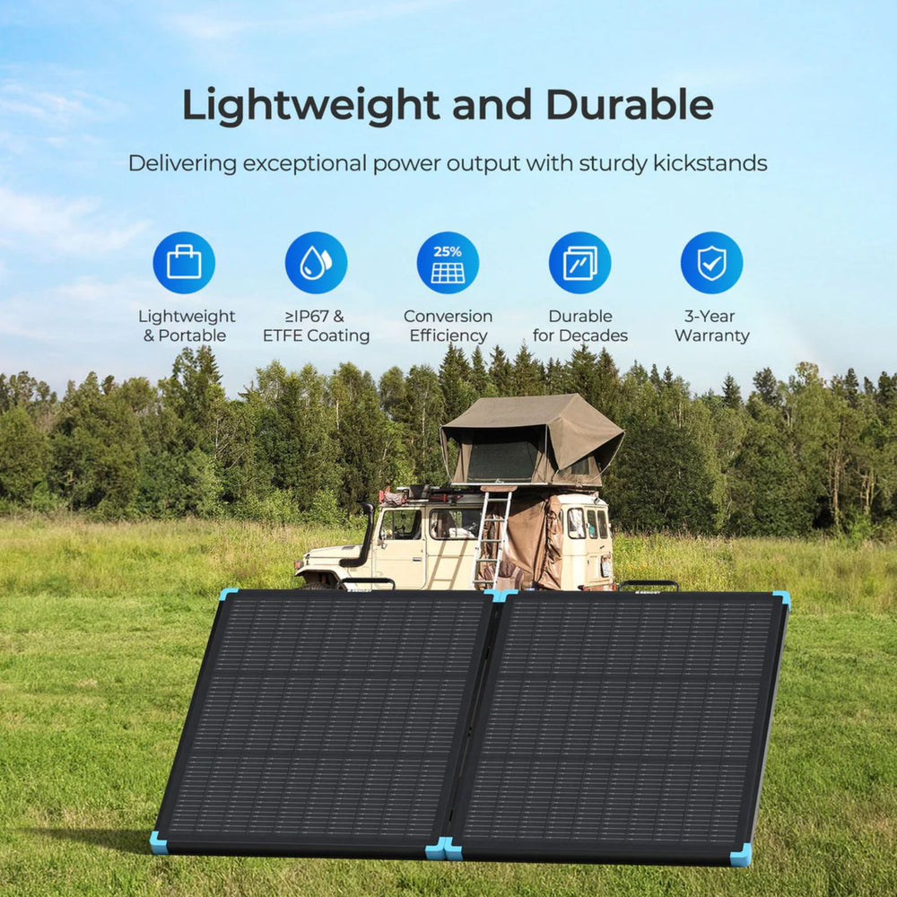 Renogy Solar Suitcase N-Type 100W Lightweight Portable Solar Panel on grass with vehicle and rooftop tent in background, featuring durability and efficiency text.
