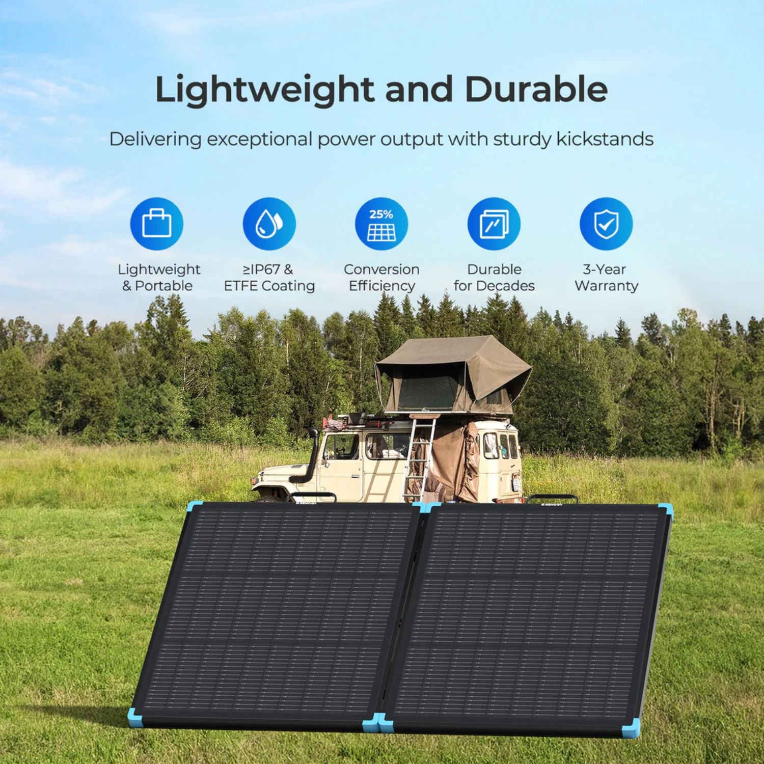 Renogy Solar Suitcase N-Type 100W Lightweight Portable Solar Panel on grass with vehicle and rooftop tent in background, featuring durability and efficiency text.