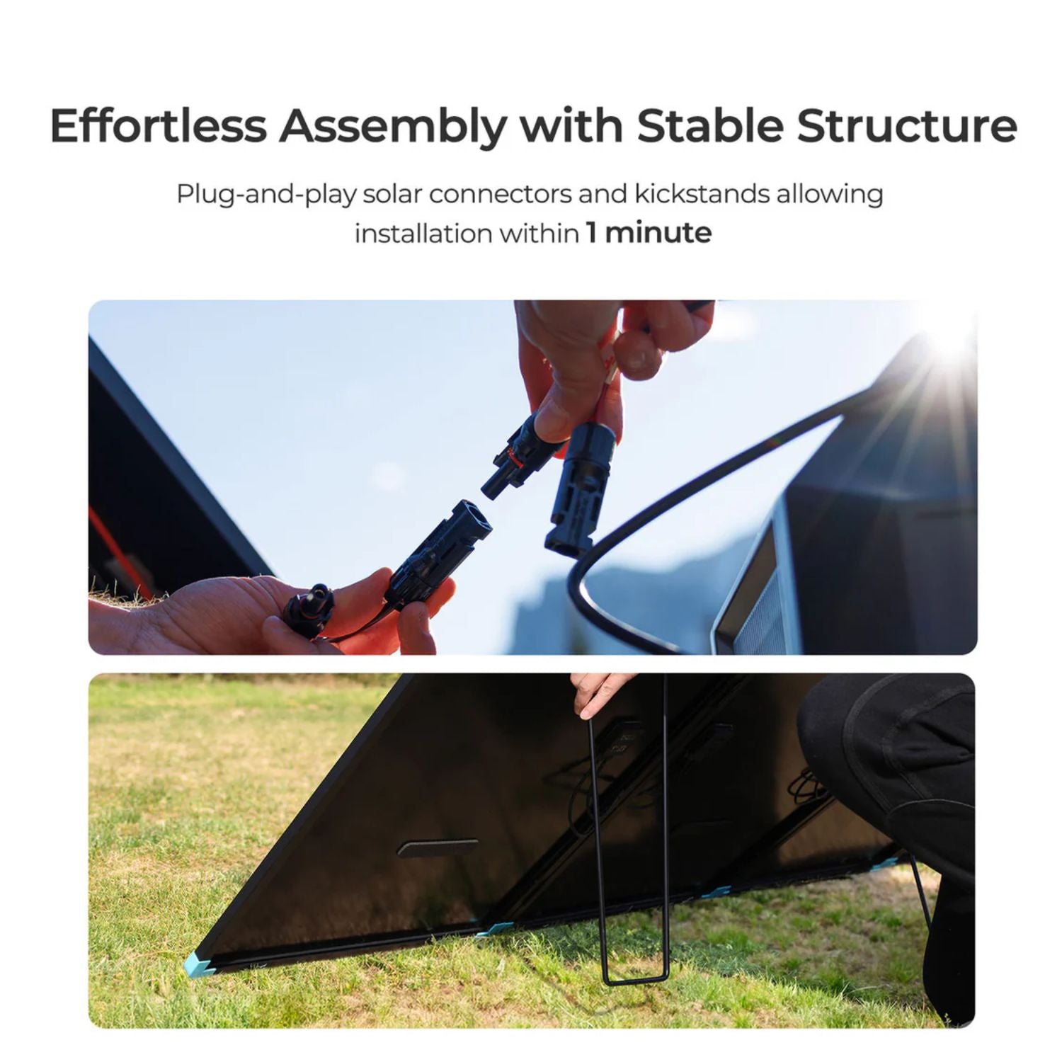 Renogy Solar Suitcase N-Type 100W Lightweight Portable Solar Panel setup with plug-and-play connectors and kickstands on a grassy background.