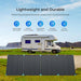 Renogy Solar Suitcase N-Type 300W Lightweight Portable Solar Panel in front of a camper van with text highlighting features on a scenic background.