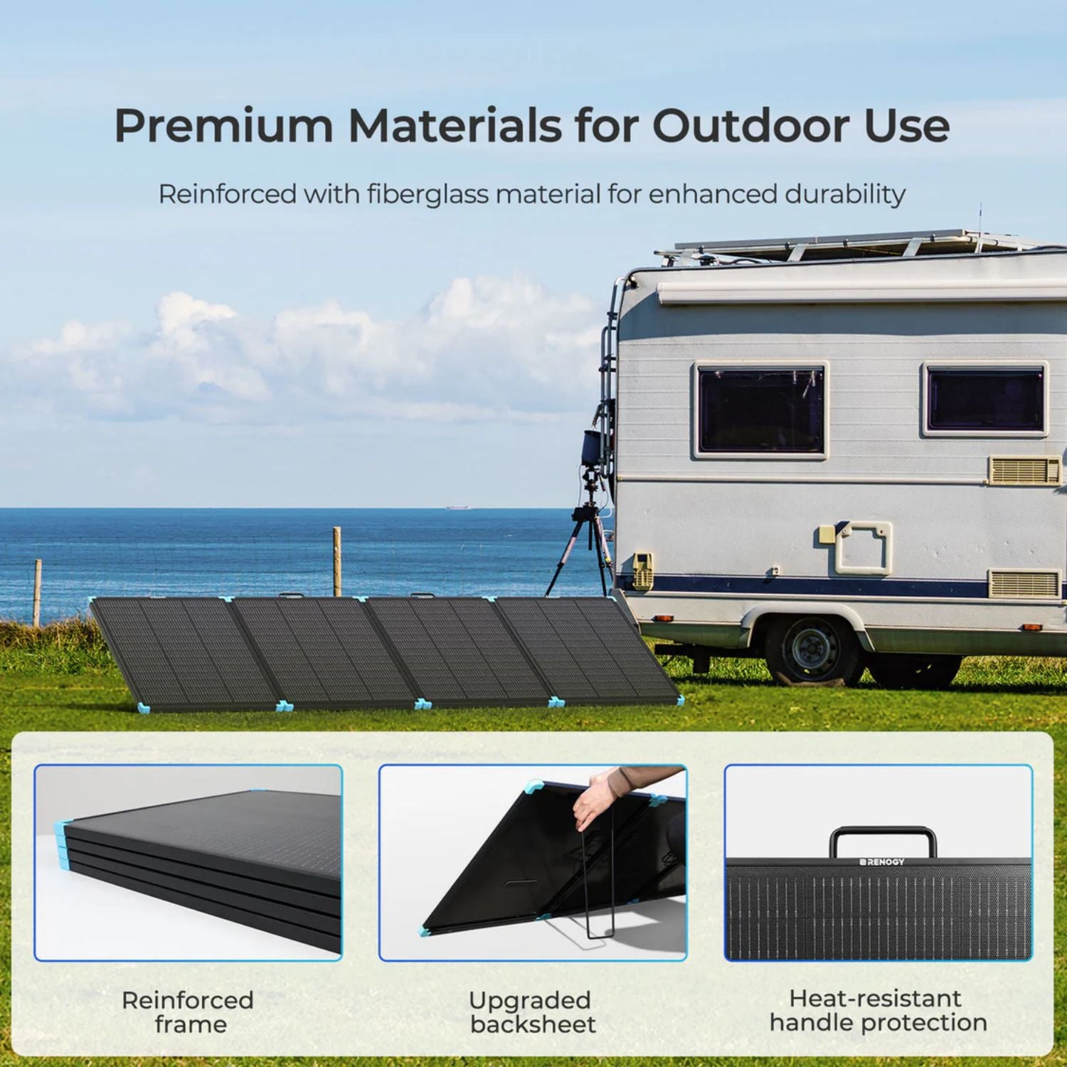 Renogy Solar Suitcase N-Type 300W Lightweight Portable Solar Panel with RV and ocean background, highlighting durability features.