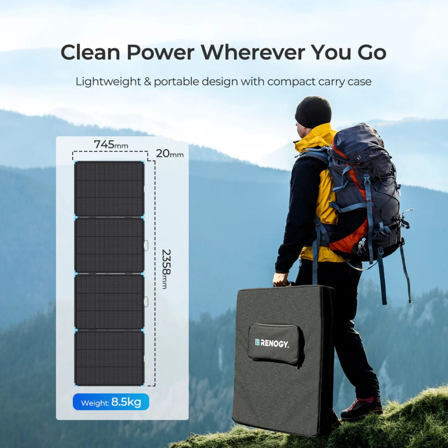 Renogy Solar Suitcase N-Type 300W Lightweight Portable Solar Panel with dimensions and weight displayed, person hiking with backpack in the background