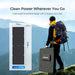 Renogy Solar Suitcase N-Type 300W Lightweight Portable Solar Panel with dimensions and weight displayed, person hiking with backpack in the background