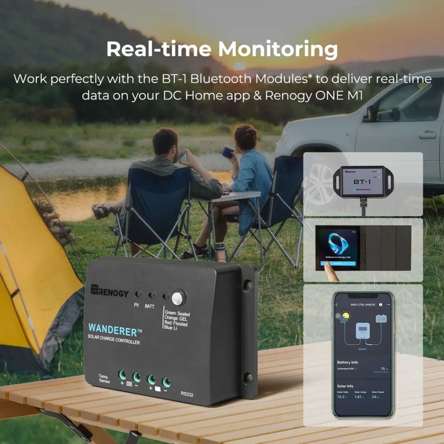 Renogy Starter Kit N-Type 100W 12V Solar Kit Wanderer battery charge controller with BT-1 Bluetooth module for real-time monitoring in a camping setting.