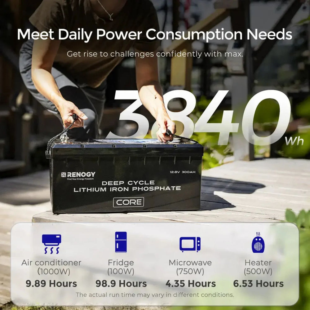 Renogy lithium iron phosphate battery with power consumption details on a blurred outdoor background