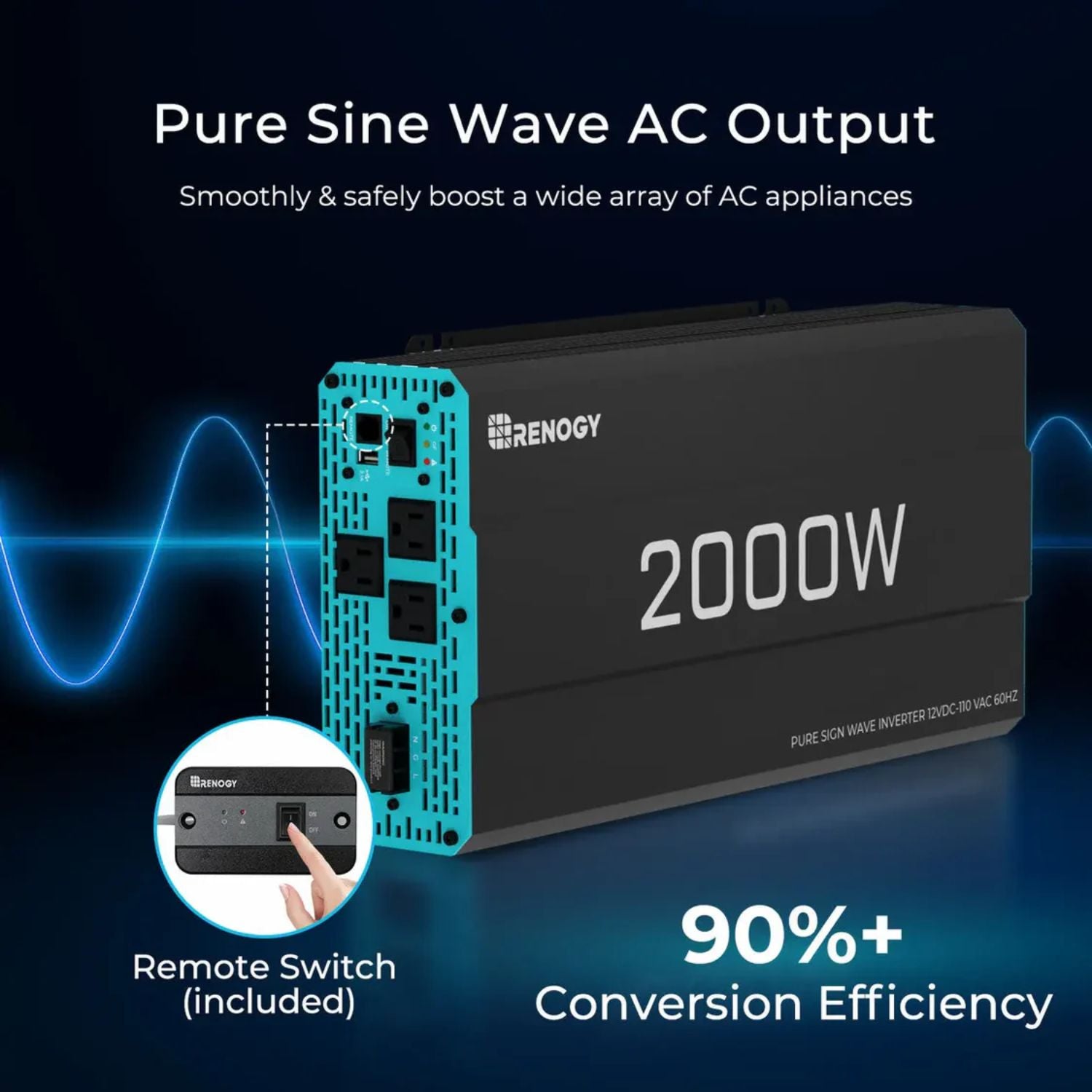 Renogy power inverter with pure sine wave AC output on a dark background