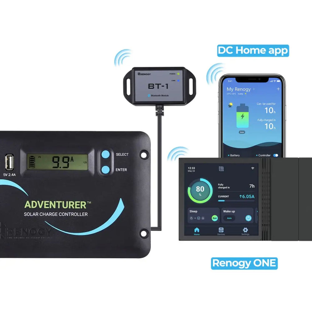 Renogy solar charge controller with smartphone app interface on a white background