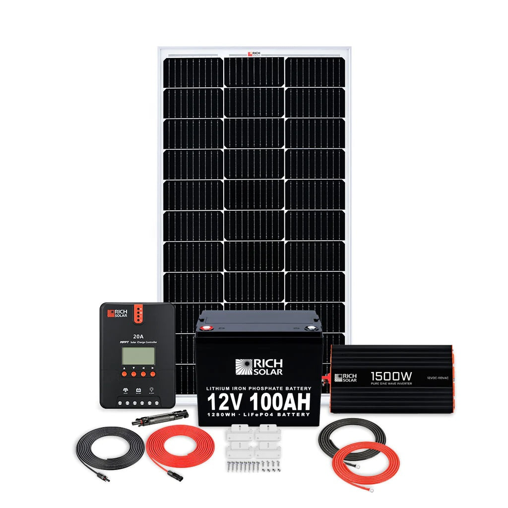 Rich Solar 100W RV 12V Kit With 1500W 12V Pure Sine Wave Inverter and 12V 100AH LiFeP04 Battery