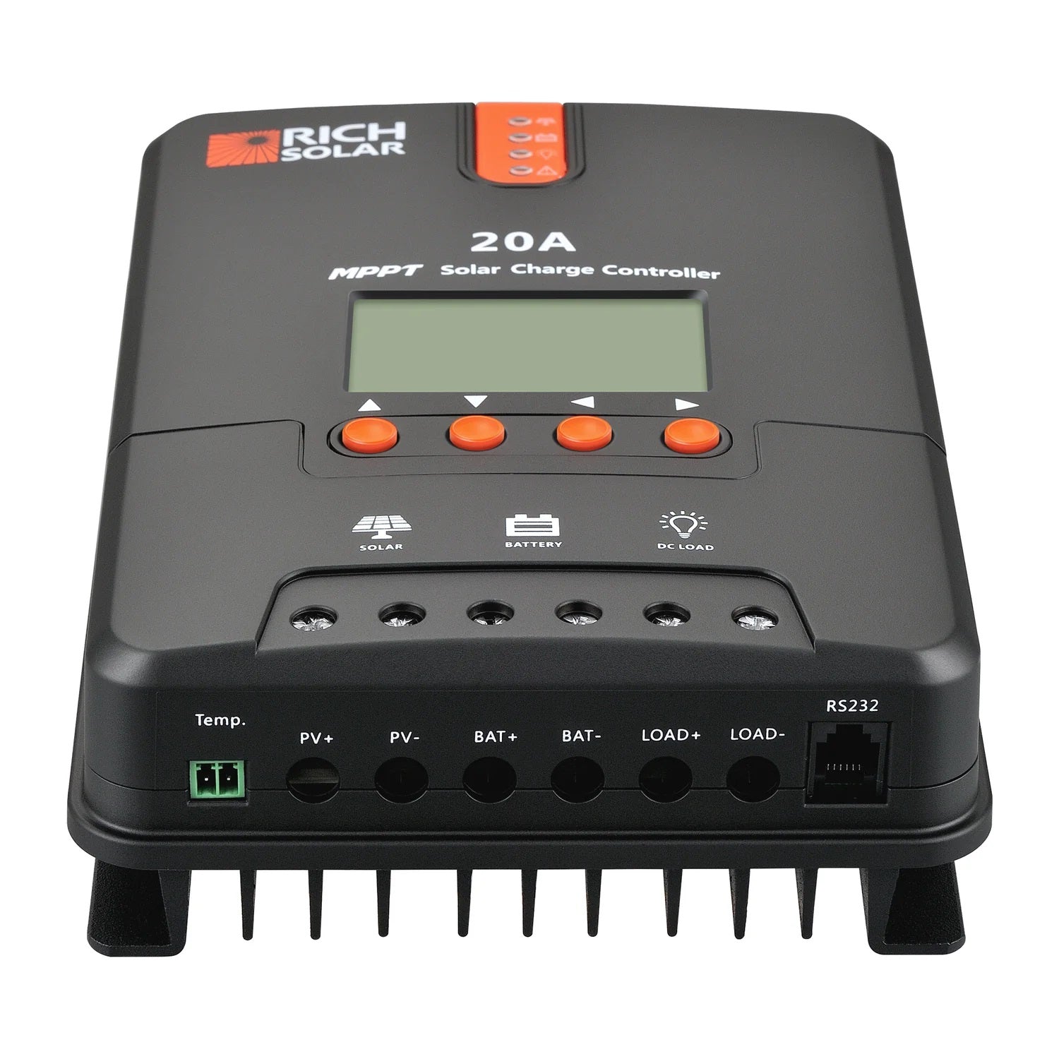 Rich Solar 20 Amp MPPT Solar Charge Controller Front With Input View
