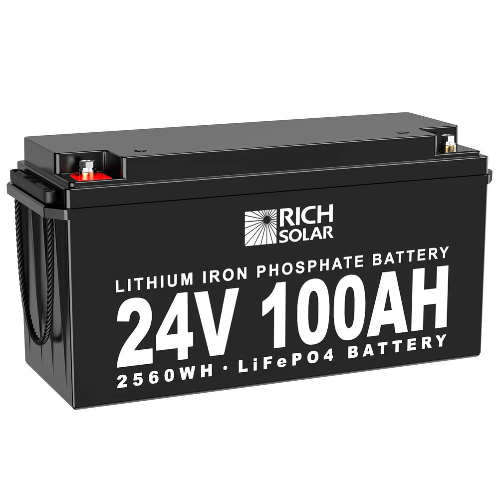 Rich Solar 24V 100Ah LiFePO4 Lithium Iron Phosphate Battery Left Positive Terminal View