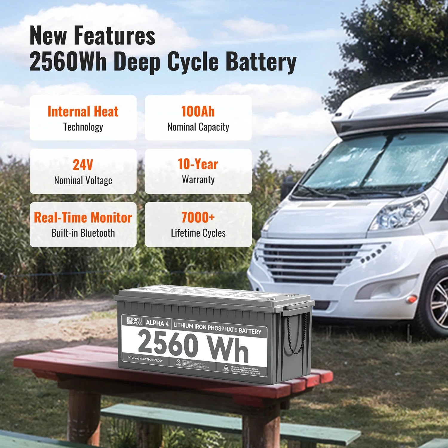 Rich Solar 24V 100Ah LiFePO4 Lithium Iron Phosphate Battery With Internal Heating and Bluetooth Function Features