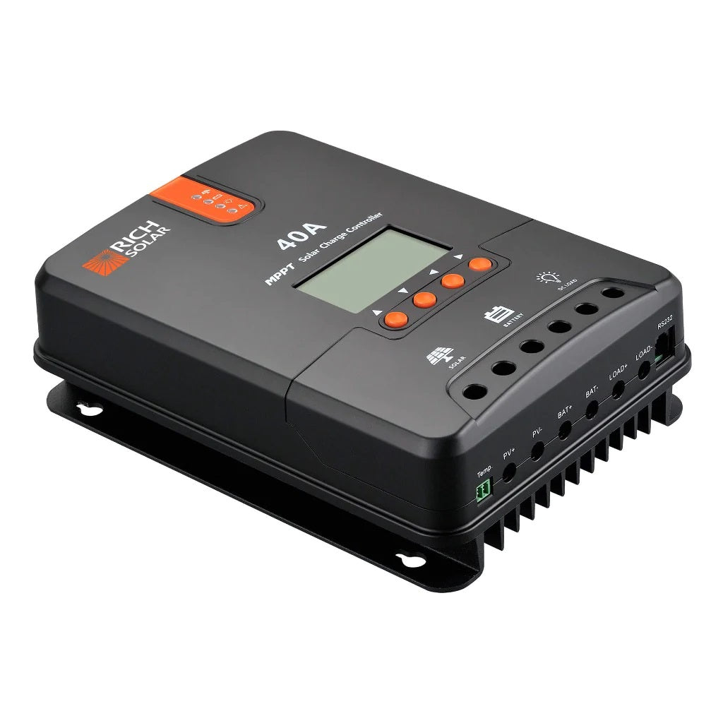 Rich Solar 40 Amp MPPT Solar Charge Controller Front With Left View