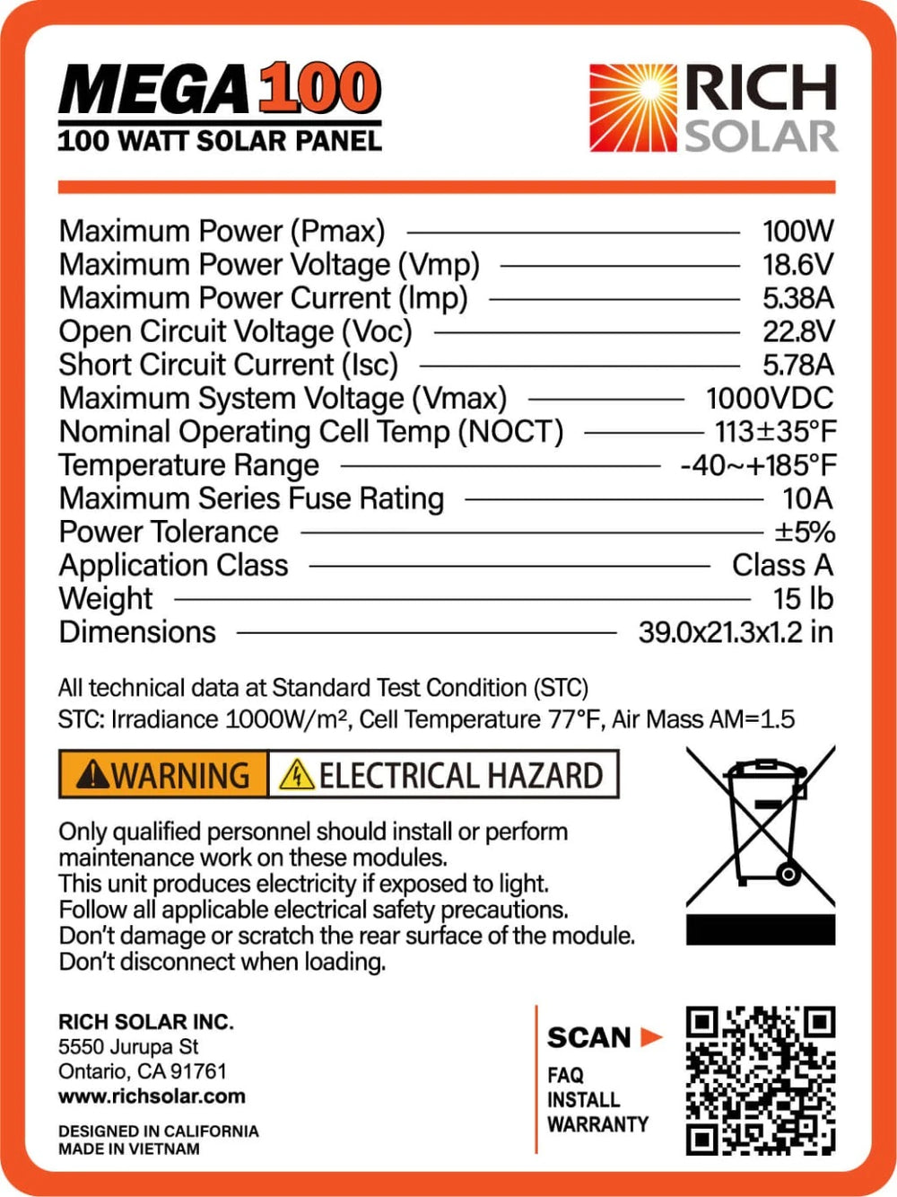 Rich Solar MEGA 100 Watt Monocrystalline Solar Panel Production Label