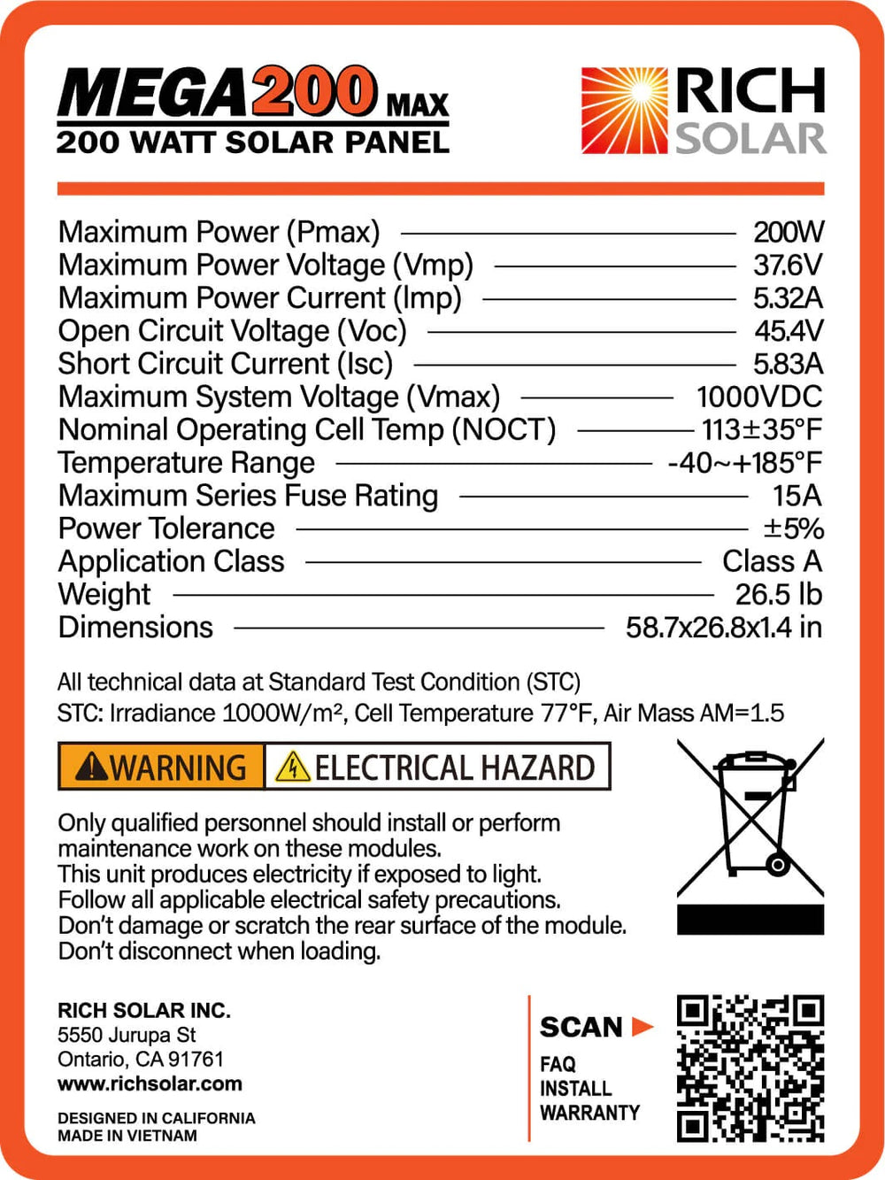 Rich Solar MEGA 200 Watt Monocrystalline 24V Solar Panel Production Label