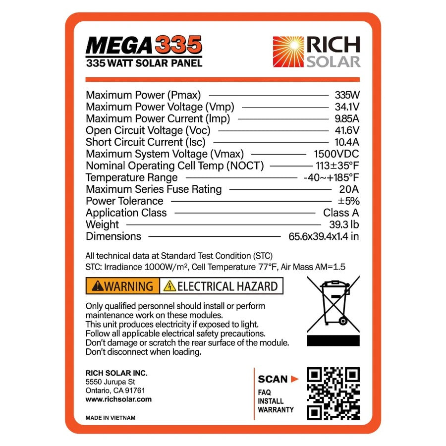 Rich Solar MEGA 335 Watt Monocrystalline Solar Panel Label