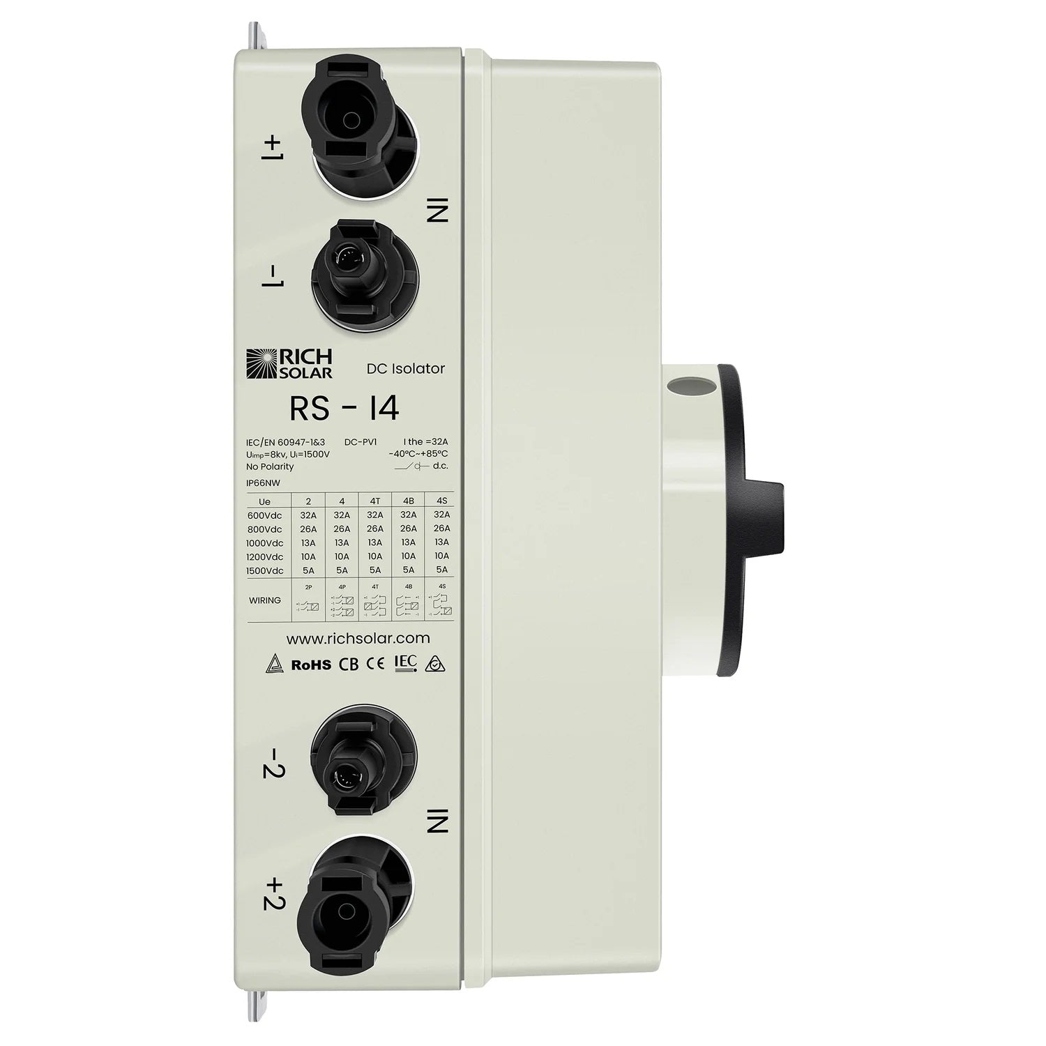 Rich Solar Solar PV DC Quick Disconnect Switch 1200V 32 Amps DC Isolator Side View