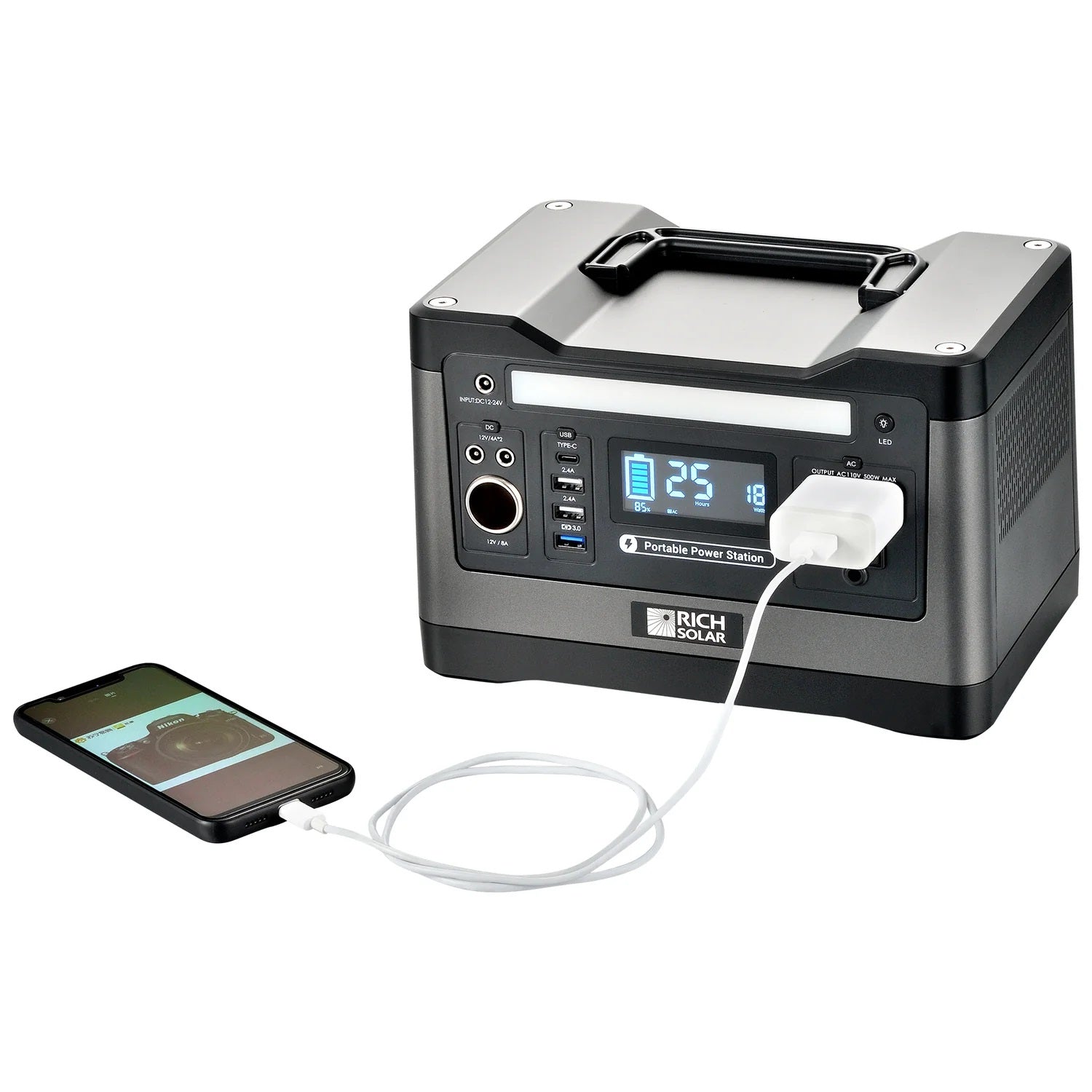 Rich Solar X500 Solar Generator Kit 540Wh Generator and 100 Watt Portable Solar Panel Black Connected With Phone 