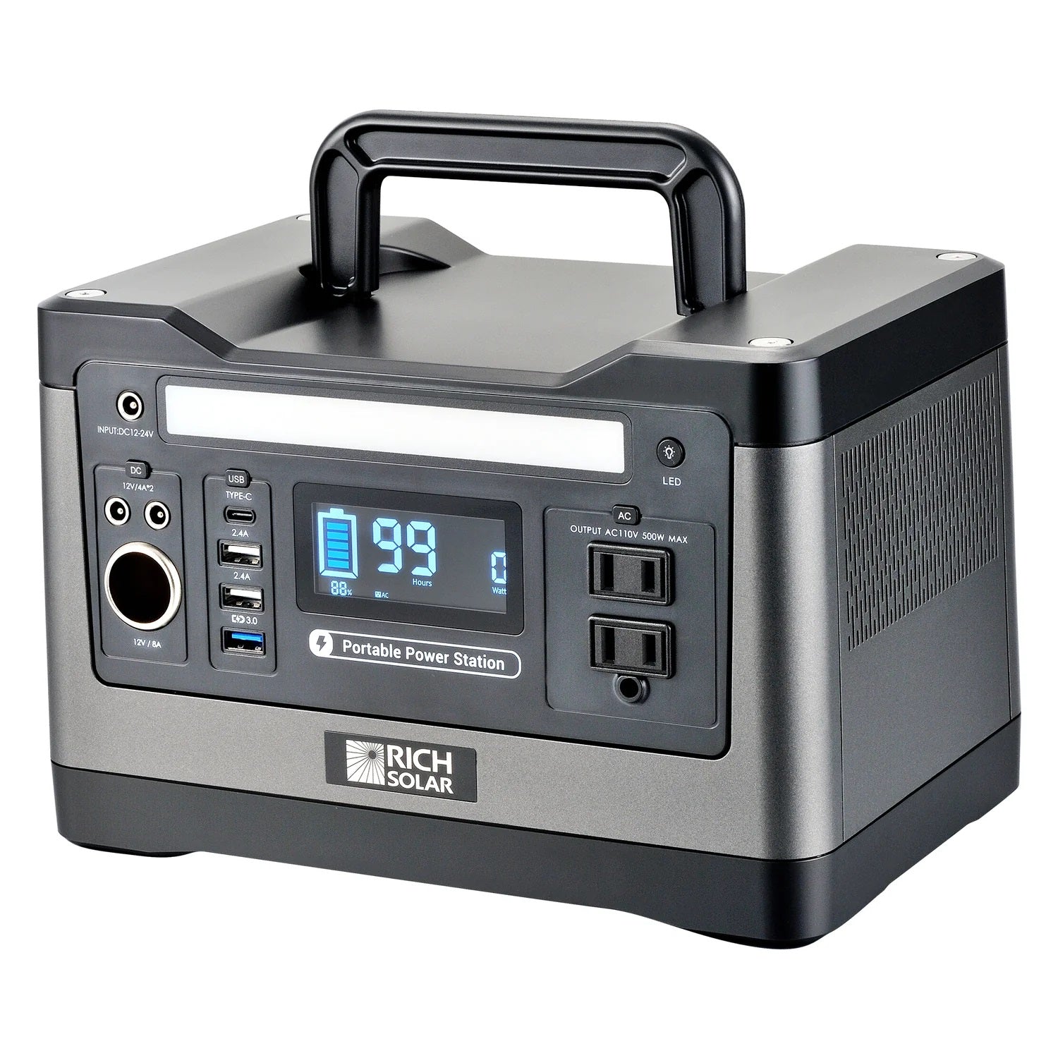 Rich Solar X500 Solar Generator Kit 540Wh Generator and 100 Watt Portable Solar Panel Black Right Side View
