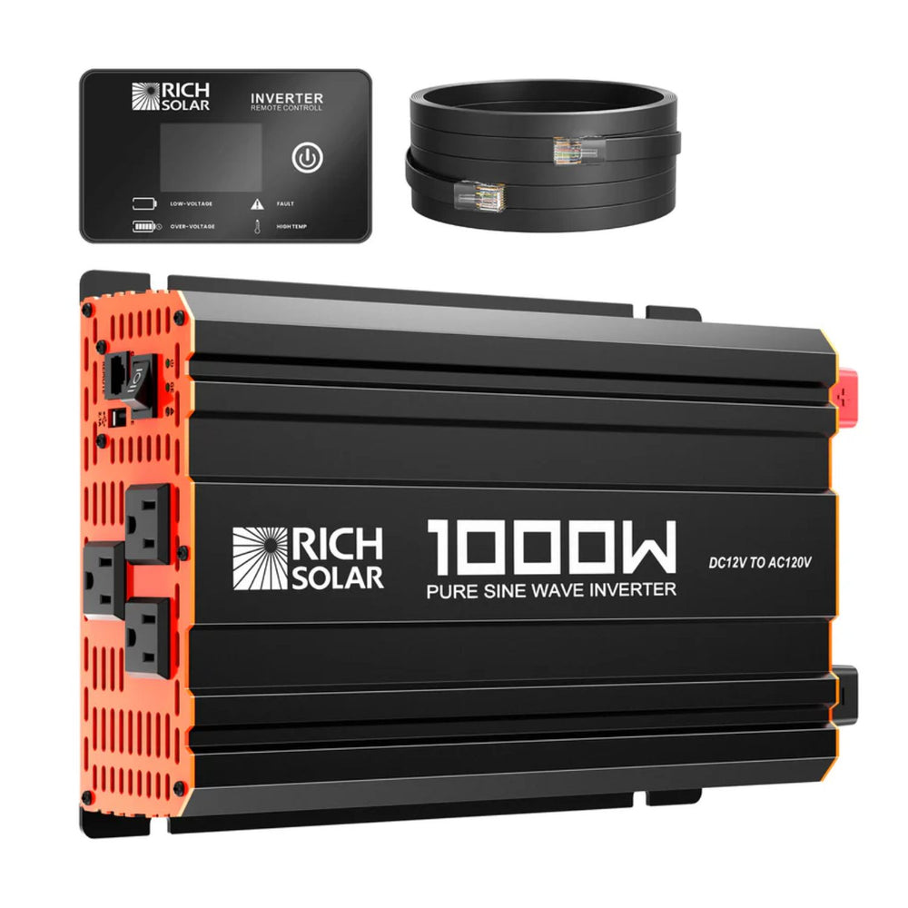 Rich Solar 1000W pure sine wave inverter with control panel and cable on a white background