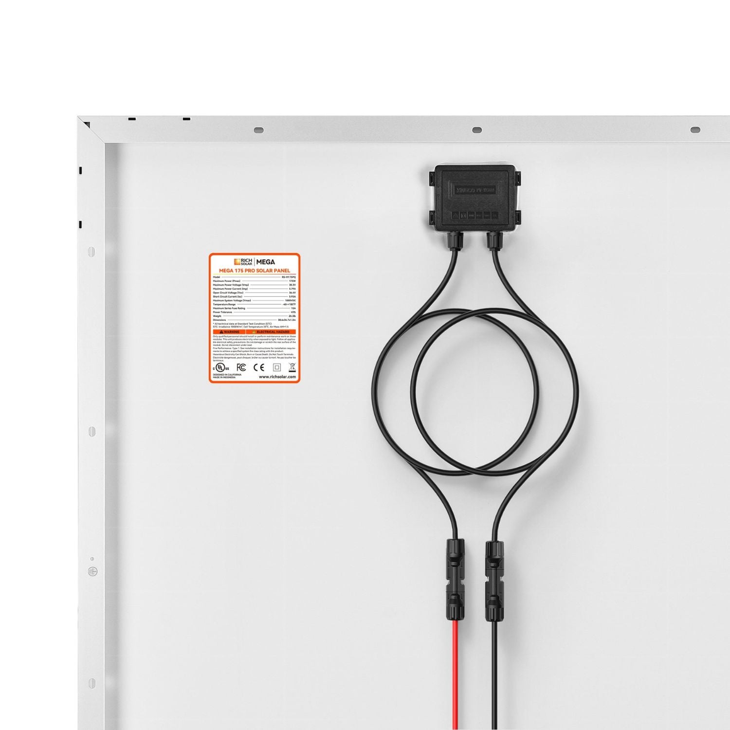 Rich Solar 175 Watt Solar Panel with 20 FT MC4 Extension Cable Set back view 