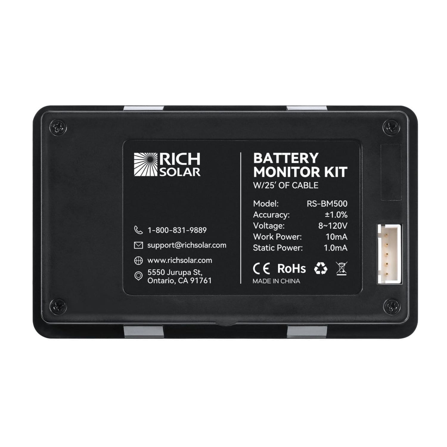 Rich Solar 500 Amp Battery Monitor Back view of the specifications
