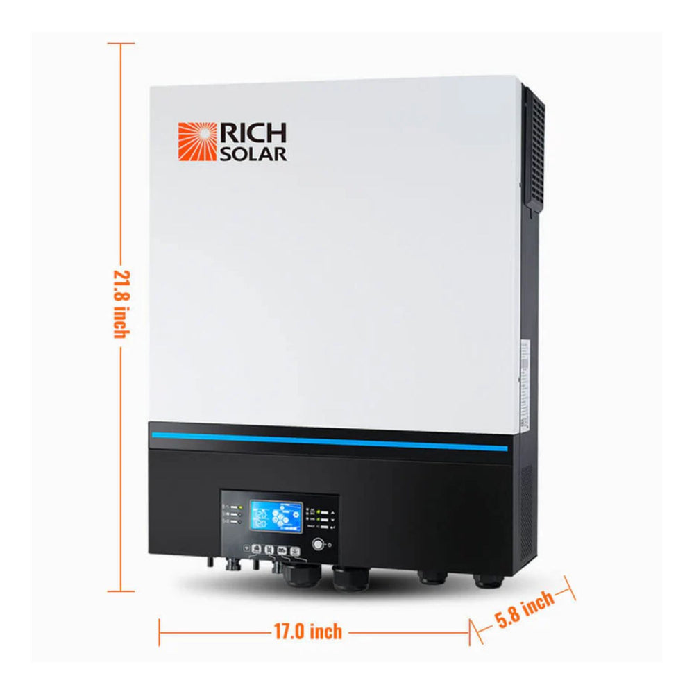 Rich Solar 8000W 48V 120/240VAC Cabin Kit with dimensions indicated on a white background