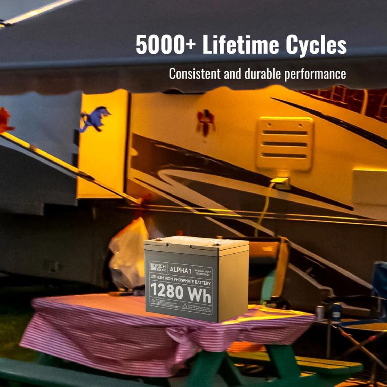 Rich Solar ALPHA 1  Battery Sitting On A Table Next To An RV