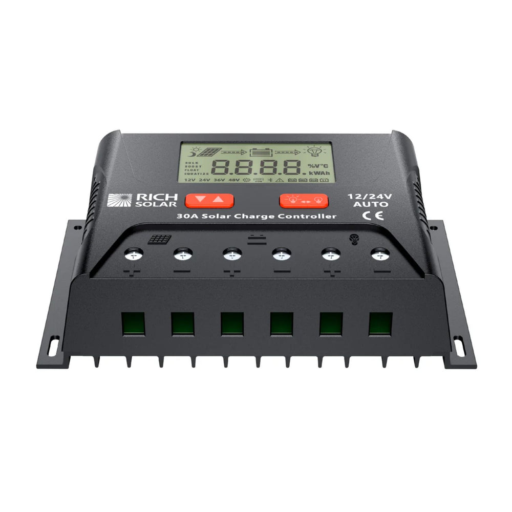 Rich Solar BRAVO LEGEND 30 Amp PWM Solar Charge Controller Front And Bottom View