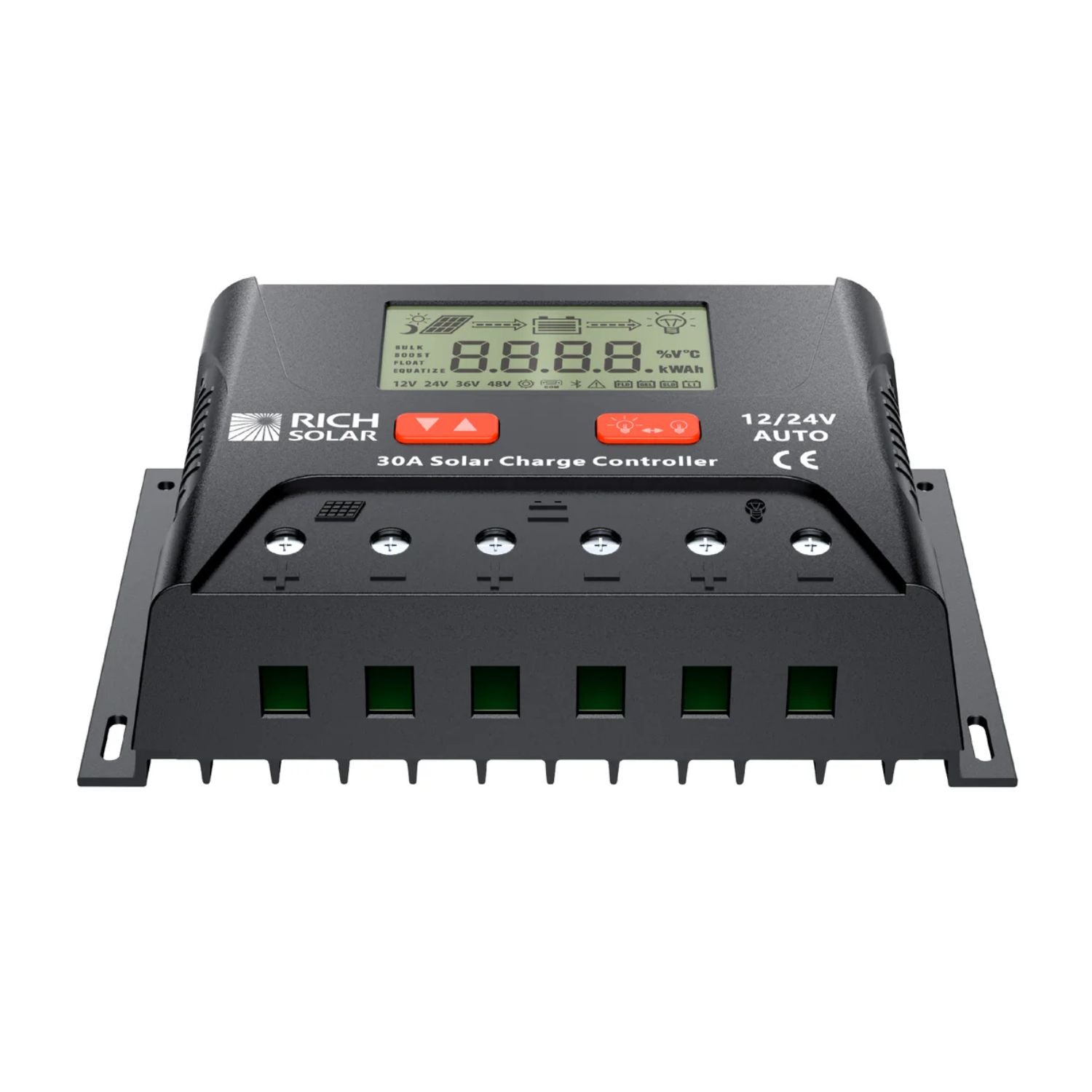 Rich Solar BRAVO LEGEND 30 Amp PWM Solar Charge Controller Front And Bottom View