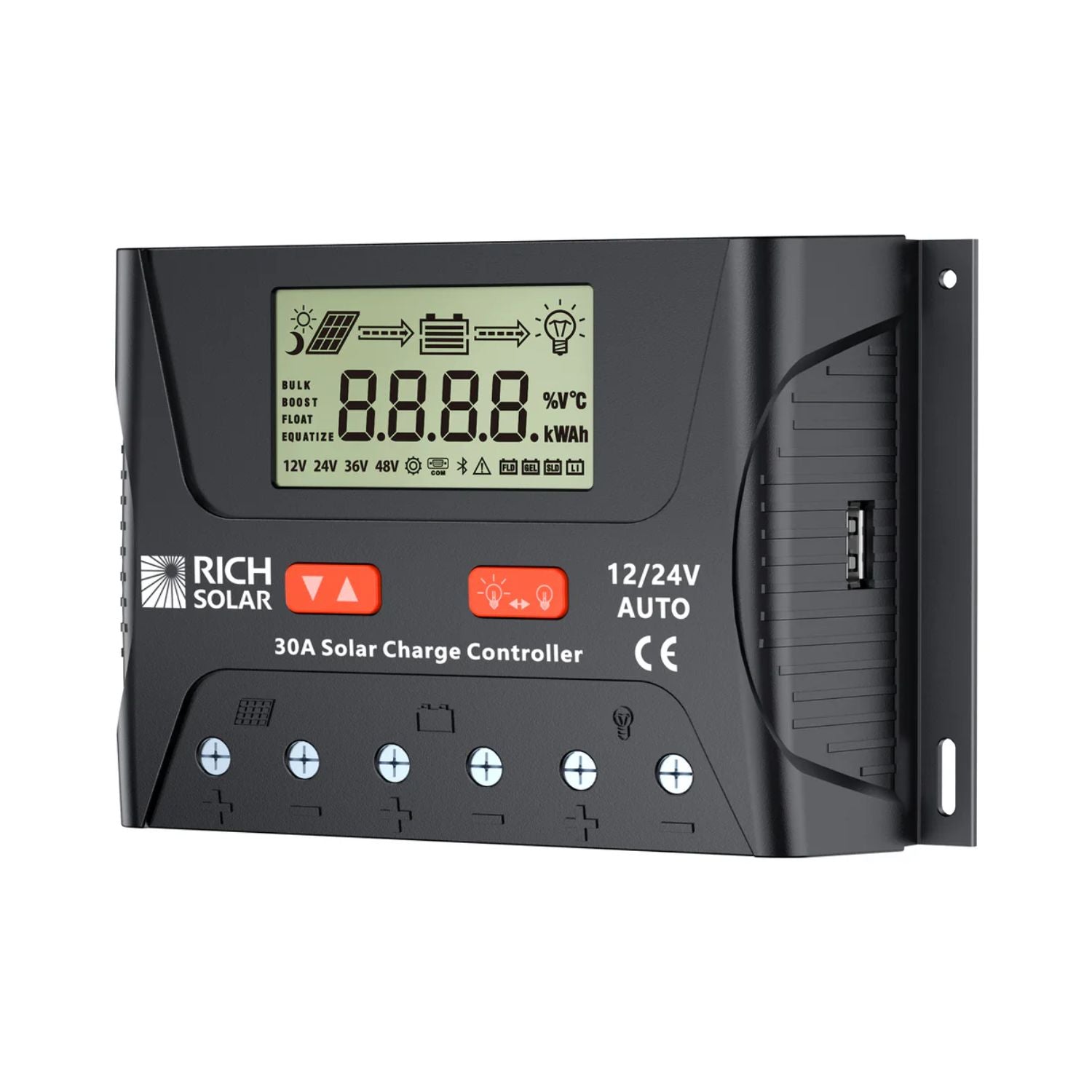 Rich Solar BRAVO LEGEND 30 Amp PWM Solar Charge Controller Front And Right View