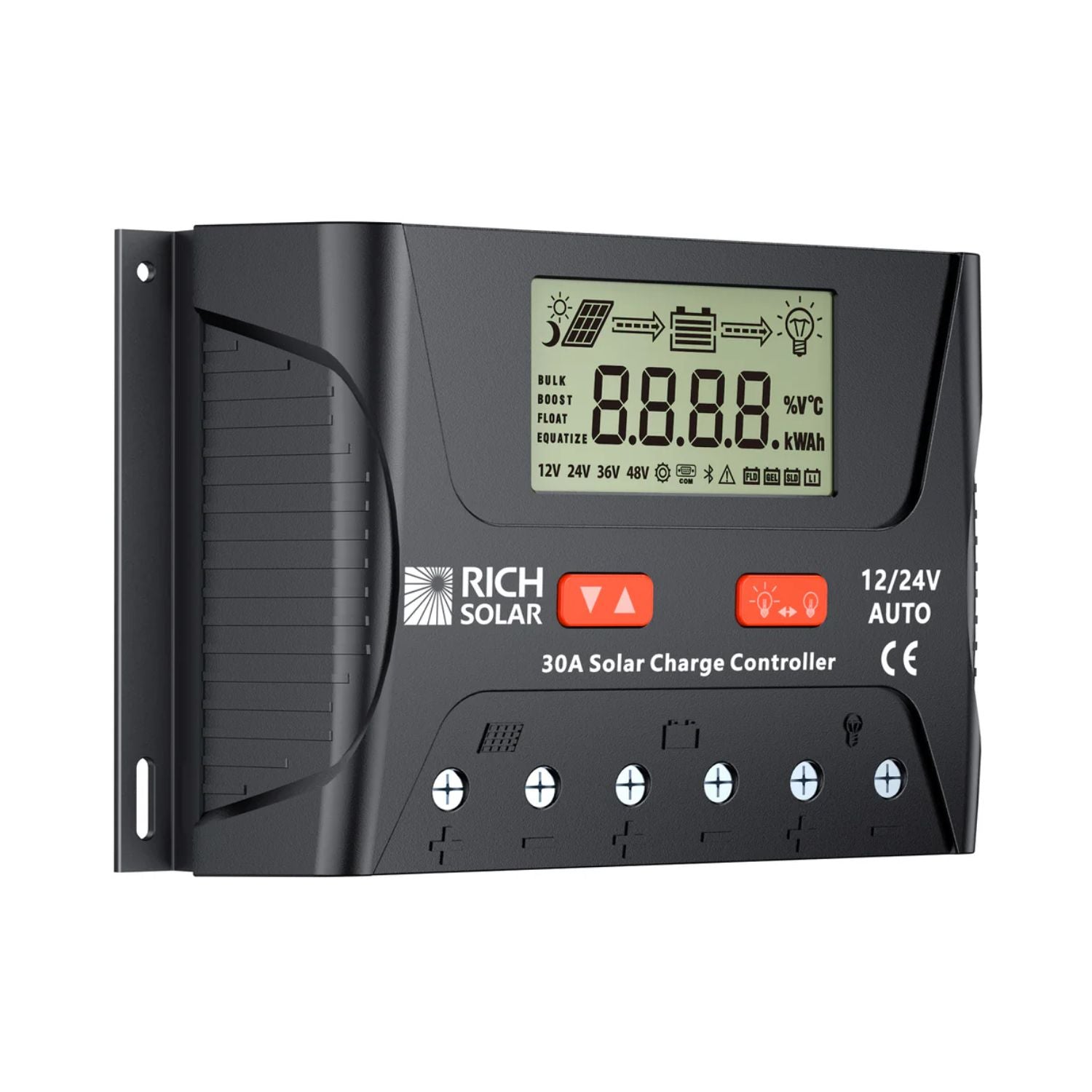 Rich Solar BRAVO LEGEND 30 Amp PWM Solar Charge Controller Left And Front View