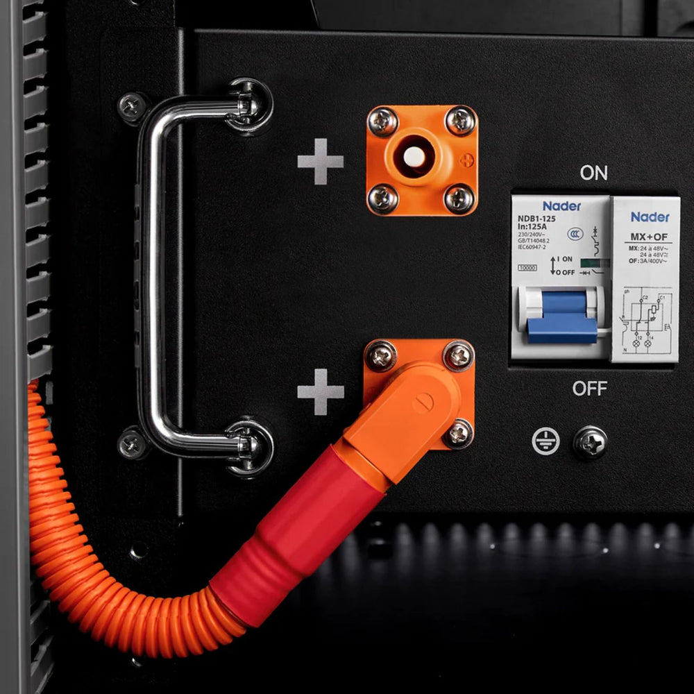 Rich Solar Battery Server Rack for ALPHA 5 PRO Electrical panel with wiring and Nider brand labels on a black background