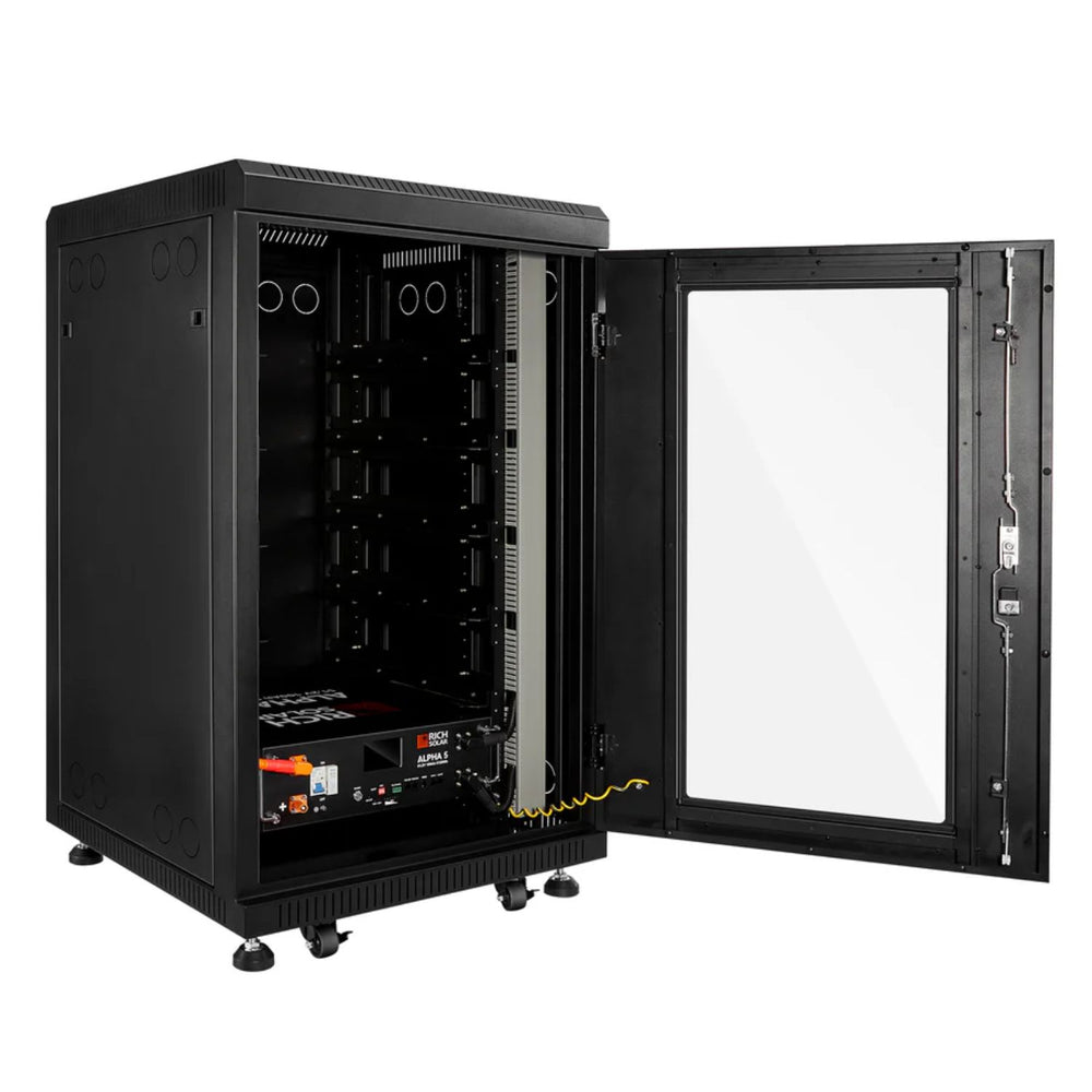 Rich Solar Battery Server Rack for ALPHA 5 PRO with open door on a white background
