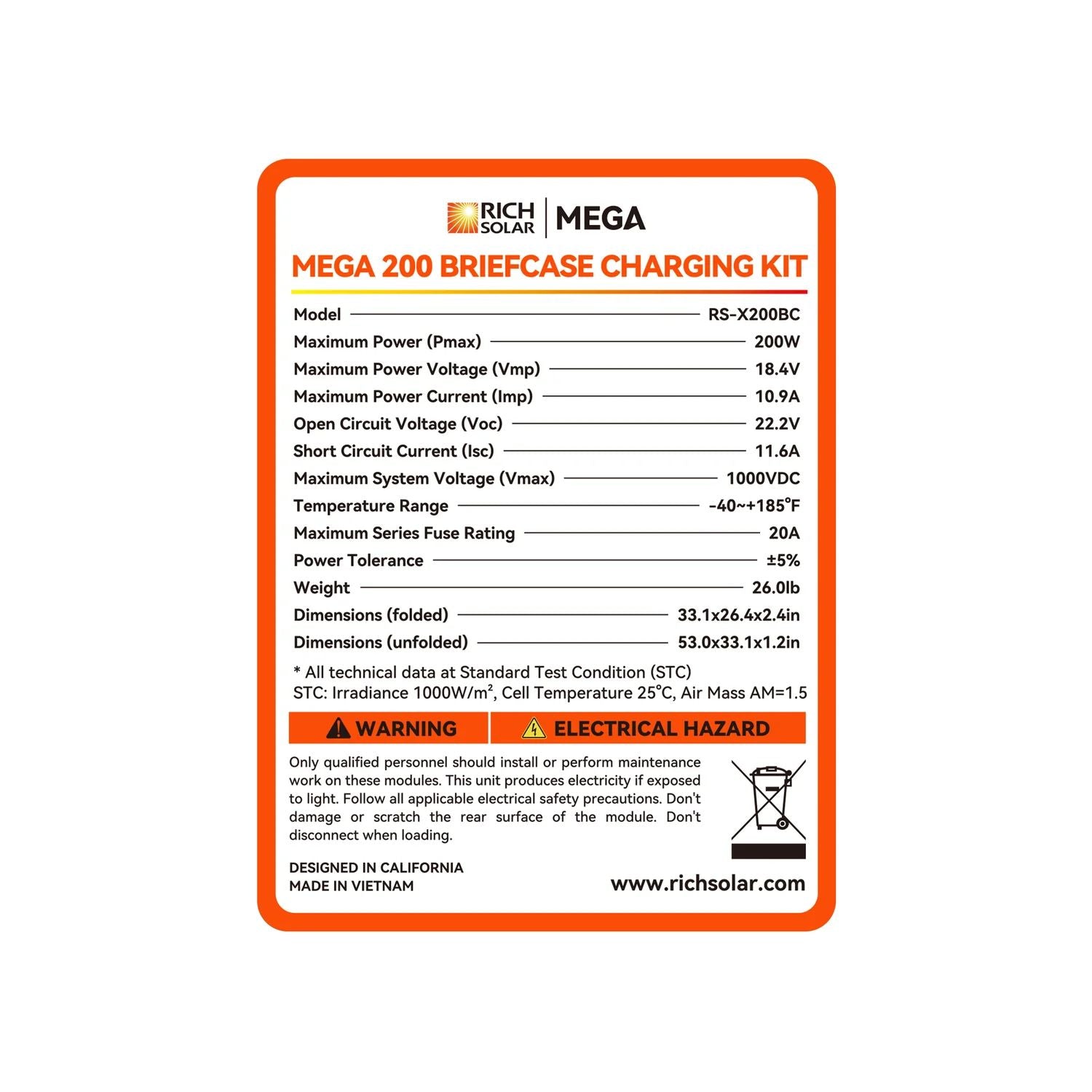Rich Solar Kit Charging kit specifications