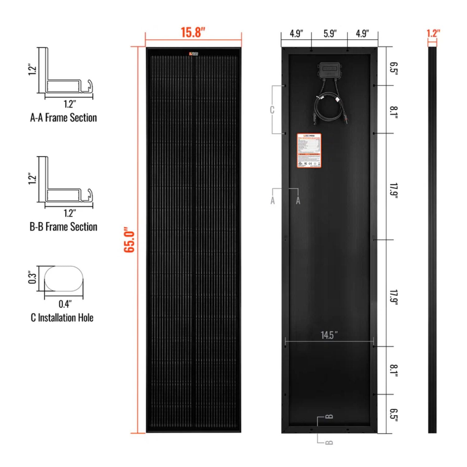 Rich Solar MEGA 130 Watt Slim Solar Panel black dimensions 