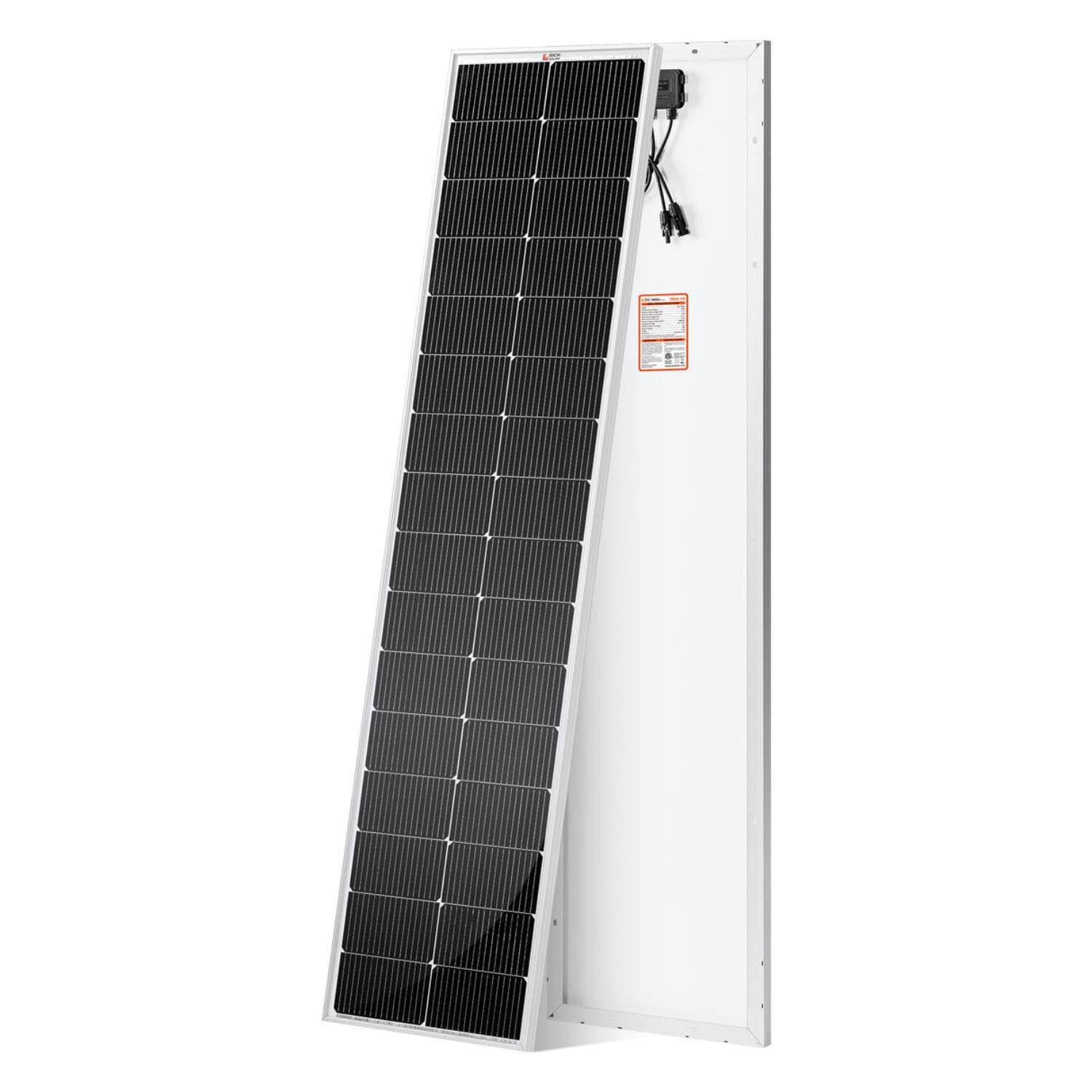 Rich Solar MEGA 130 Watt Slim Solar Panel front slant and back view, highlighting its sleek profile and sturdy build