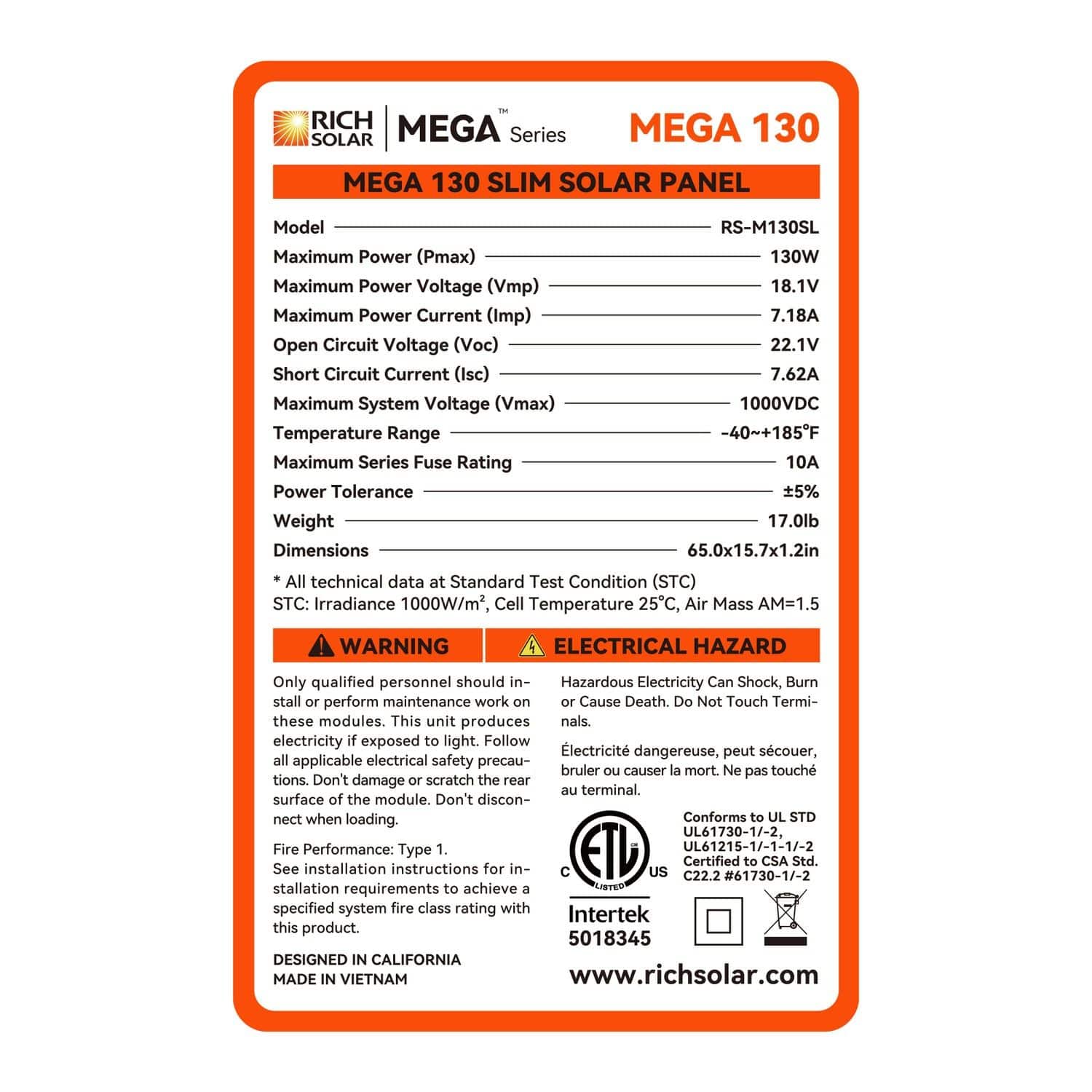 Rich Solar MEGA 130 Watt Slim Solar Panel speficiations