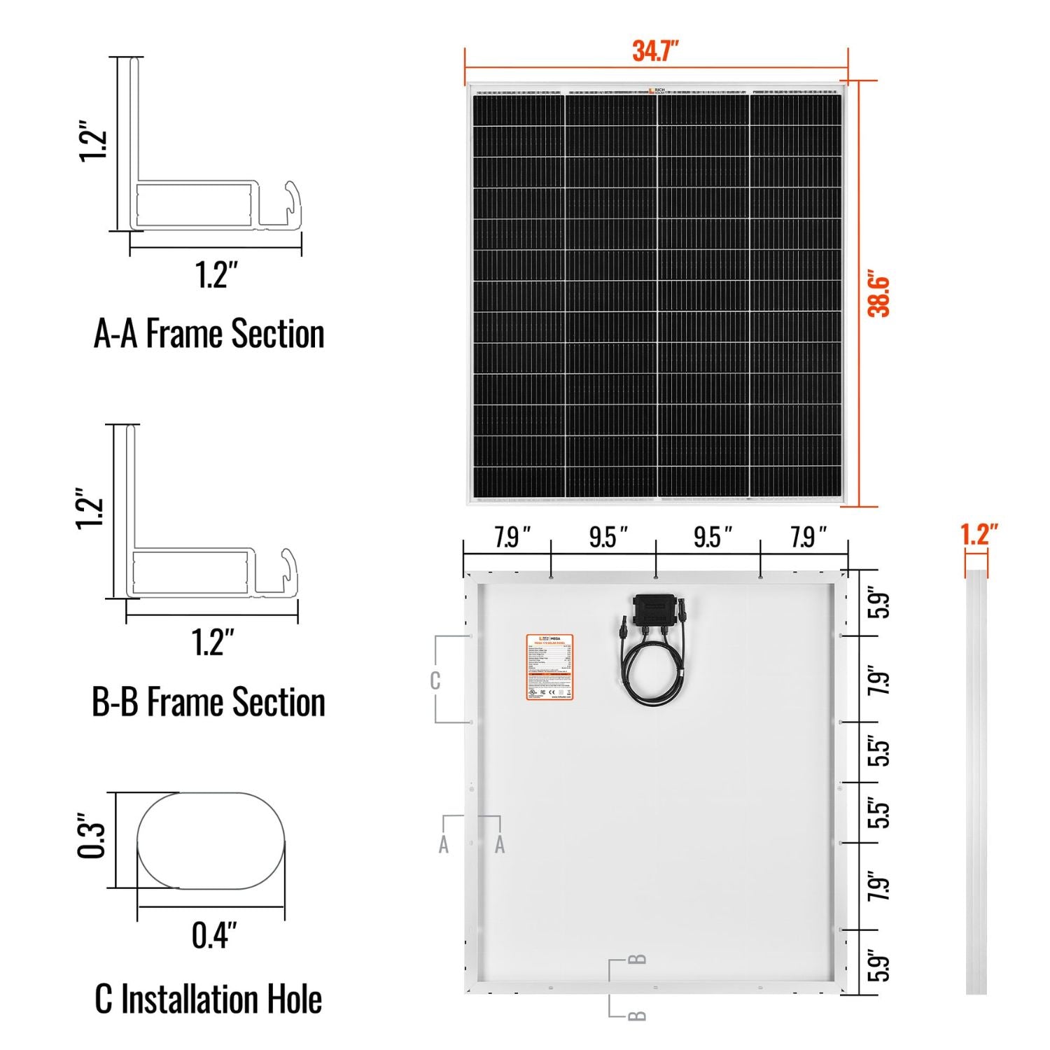 Rich Solar MEGA 175 PRO 175 Watt Solar Panel with 20 FT MC4 Extension Cable Set dimensions