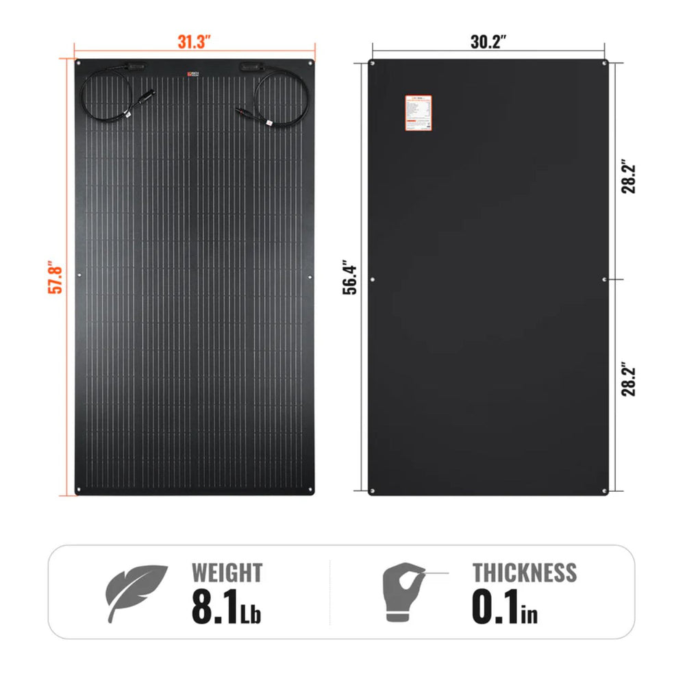 Rich Solar MEGA 200 FLEX PRO Solar Panel with dimensions and weight information on a white background
