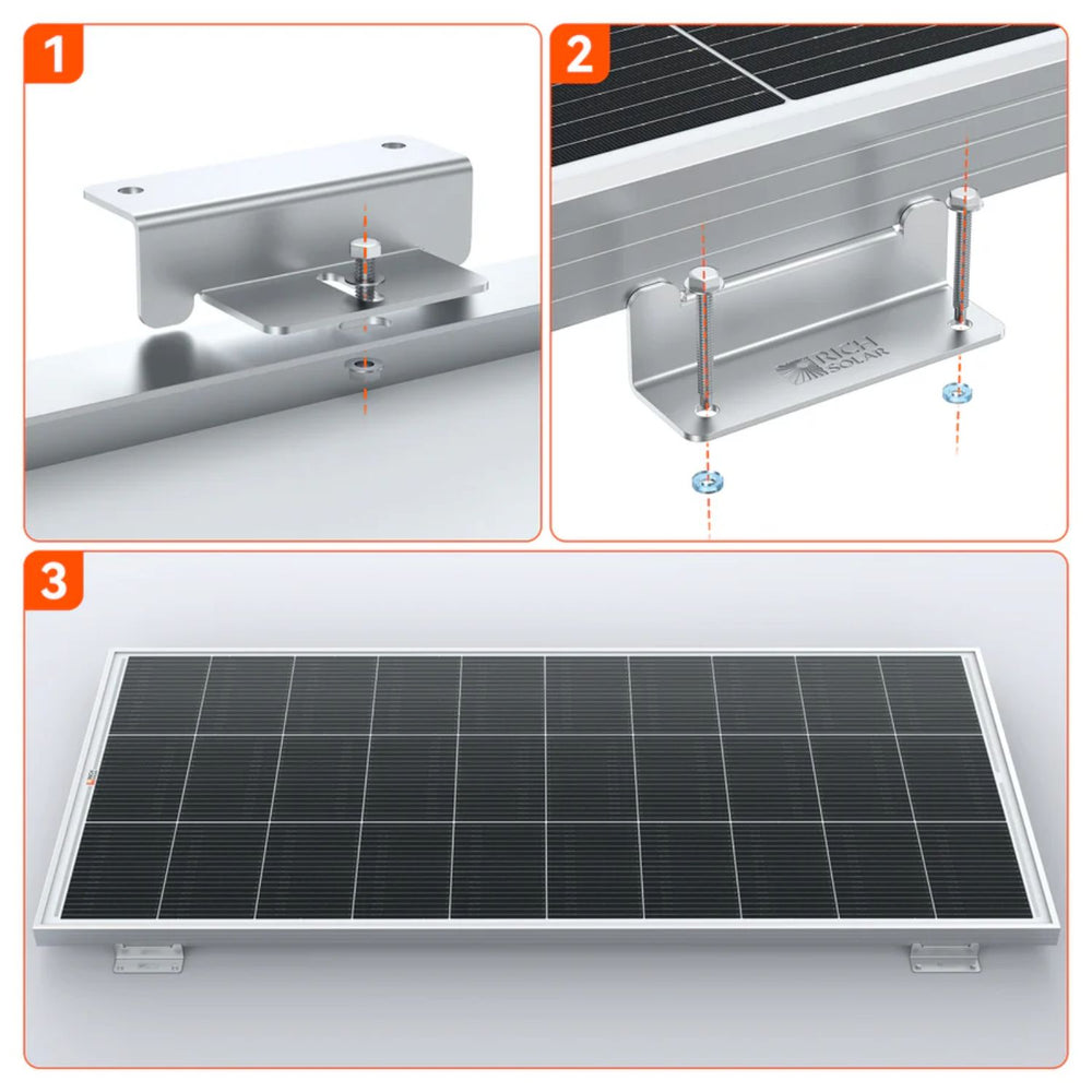 Rich Solar MEGA 200 WITH 3/4" Z BRACKETS Solar Panel close up view of on how to install