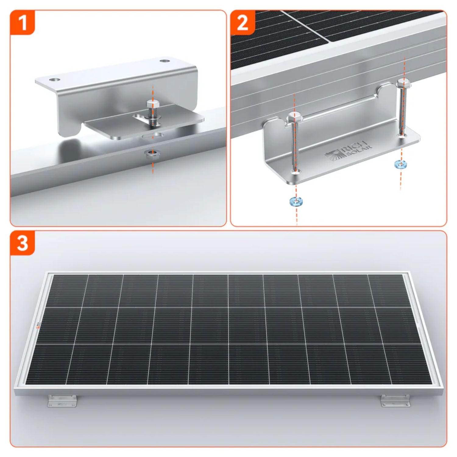 Rich Solar MEGA 200 WITH 3/4" Z BRACKETS Solar Panel close up view of on how to install