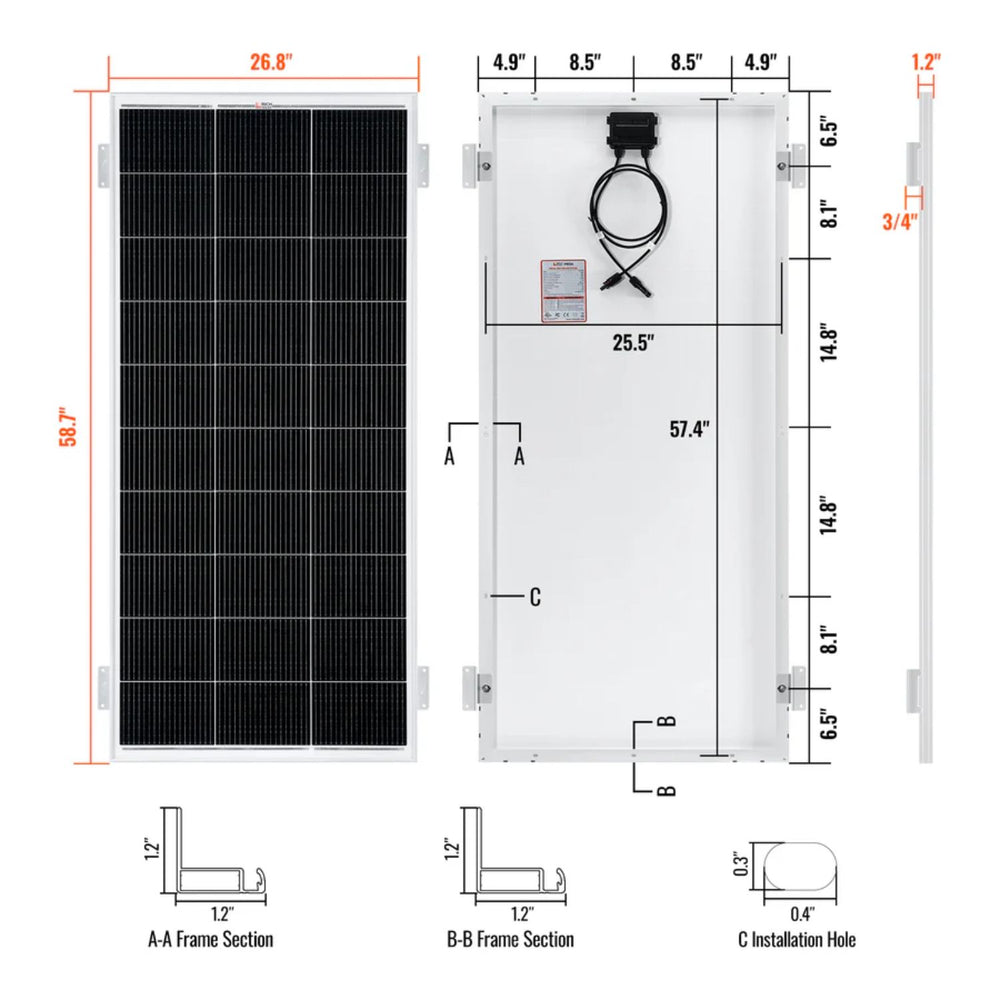 Rich Solar MEGA 200 WITH 3/4" Z BRACKETS Solar Panel dimensions