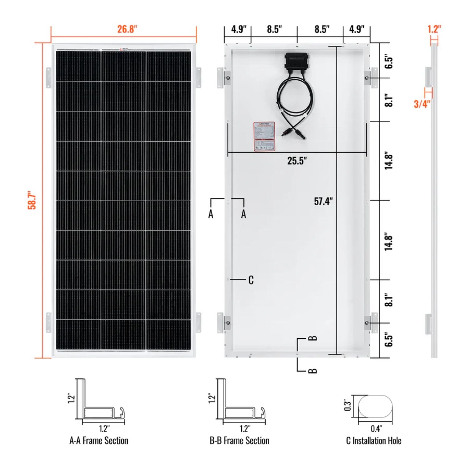 Rich Solar MEGA 200 WITH 3/4" Z BRACKETS Solar Panel dimensions