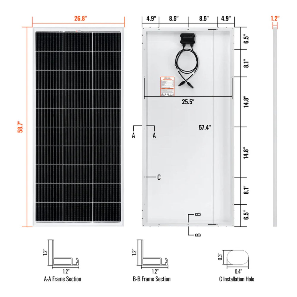 Rich Solar MEGA 200 Watt 12 Volt Monocrystalline Solar Panel Silver - Dimensions