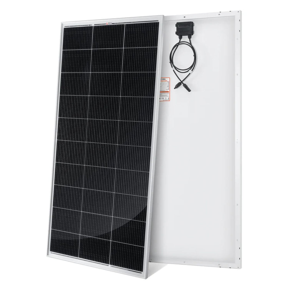 Rich Solar MEGA 200 Watt 12 Volt Monocrystalline Solar Panel Silver Front and back view