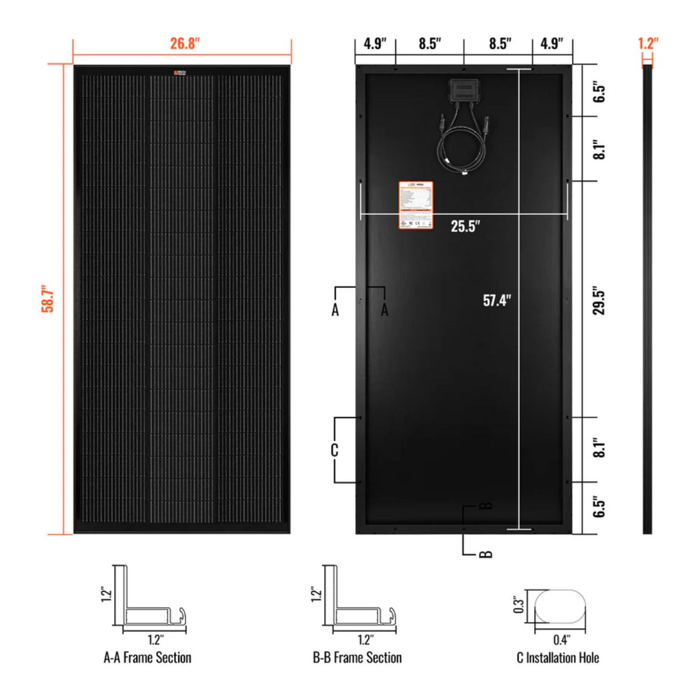 Rich Solar MEGA 200 Watt PRO ONYX 24 Volt Solar Panel dimensions 