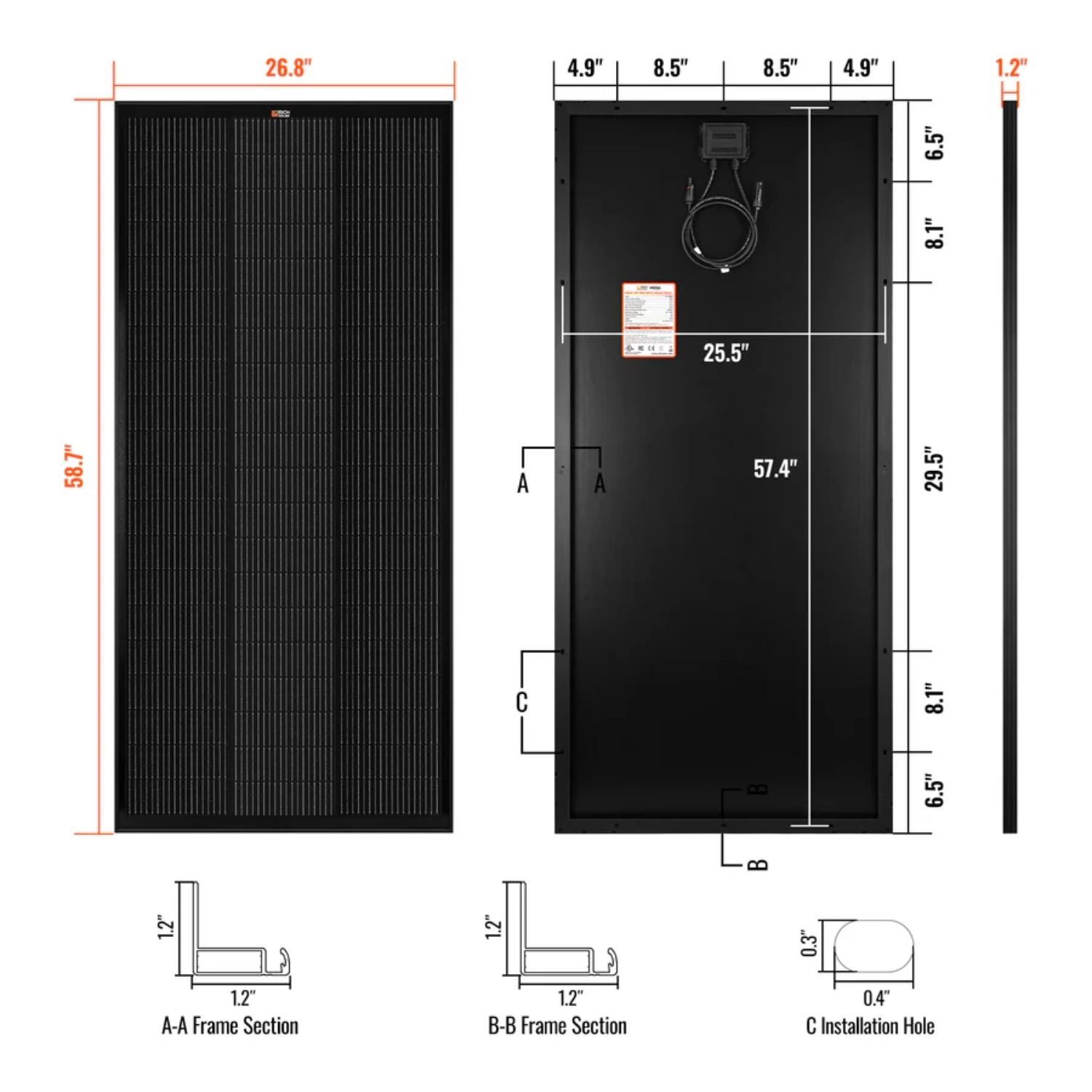 Rich Solar MEGA 200 Watt PRO ONYX 24 Volt Solar Panel dimensions 